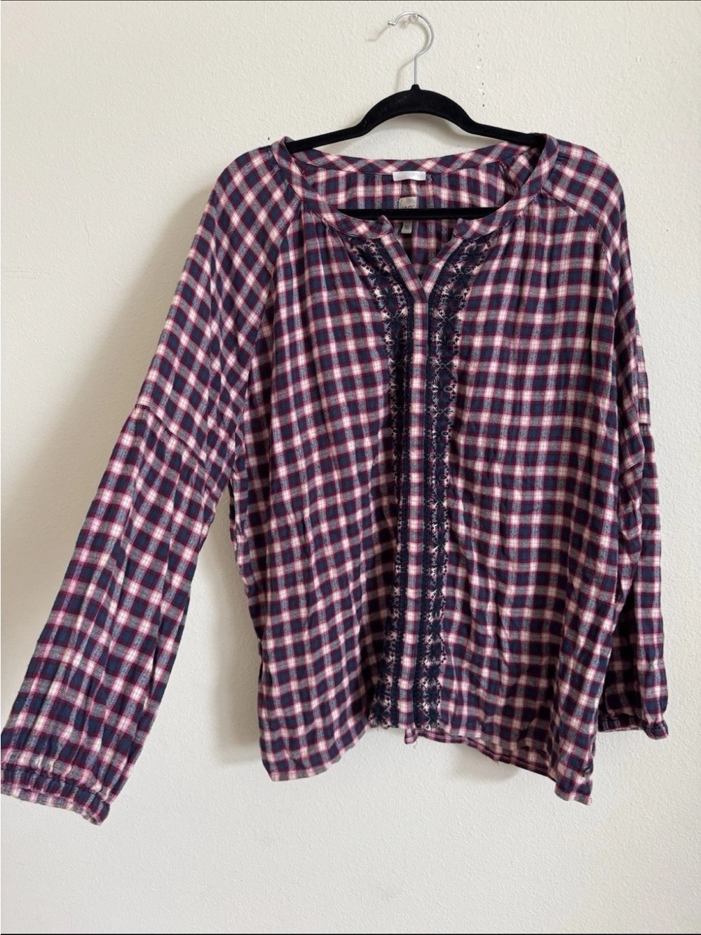 Jag Plaid Embroidered Cotton Button Up Boho Billowy Oversized Top XL